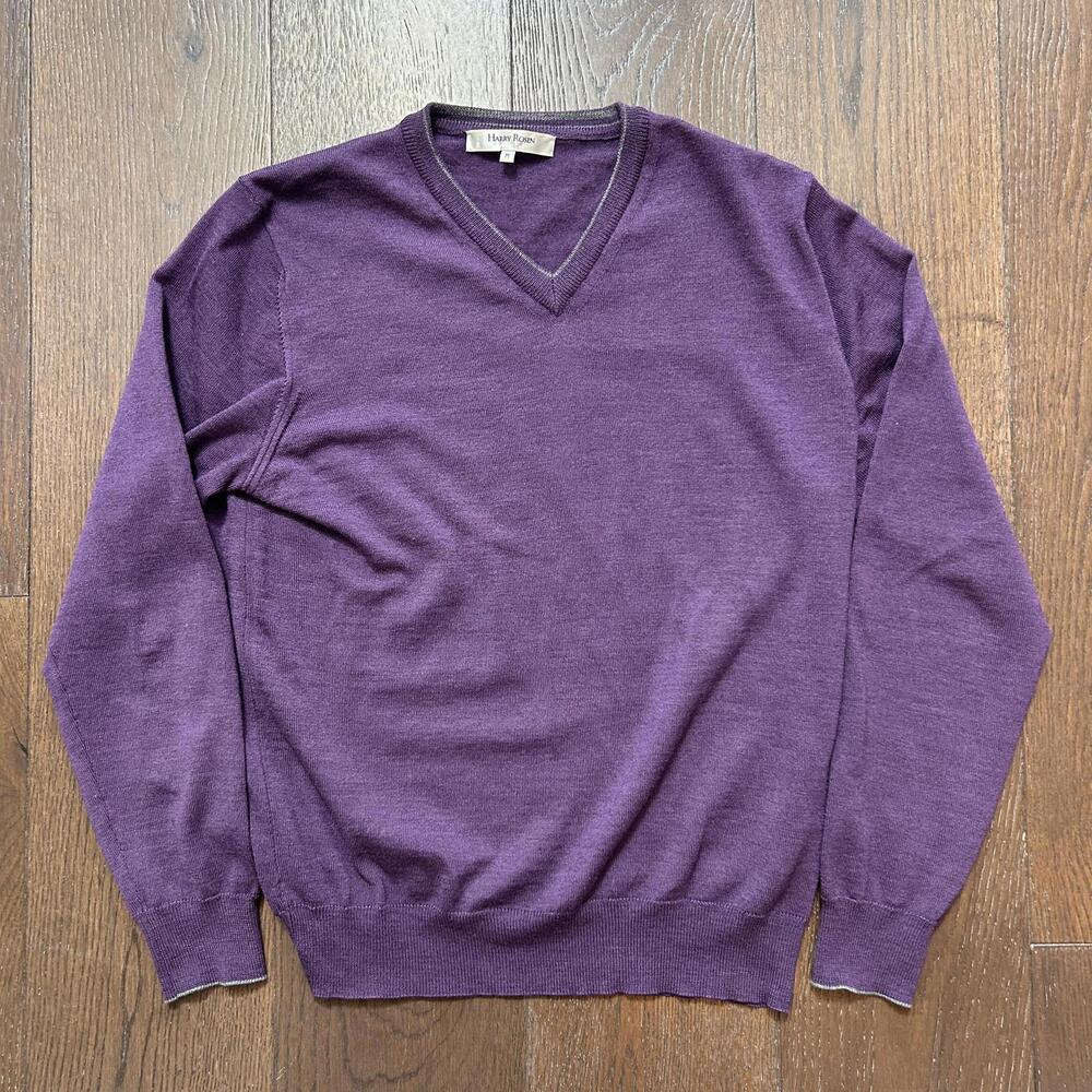 Harry Rosen 100% Merino Wool Purple V-Neck Knit Sweater Medium *Made In Italy*